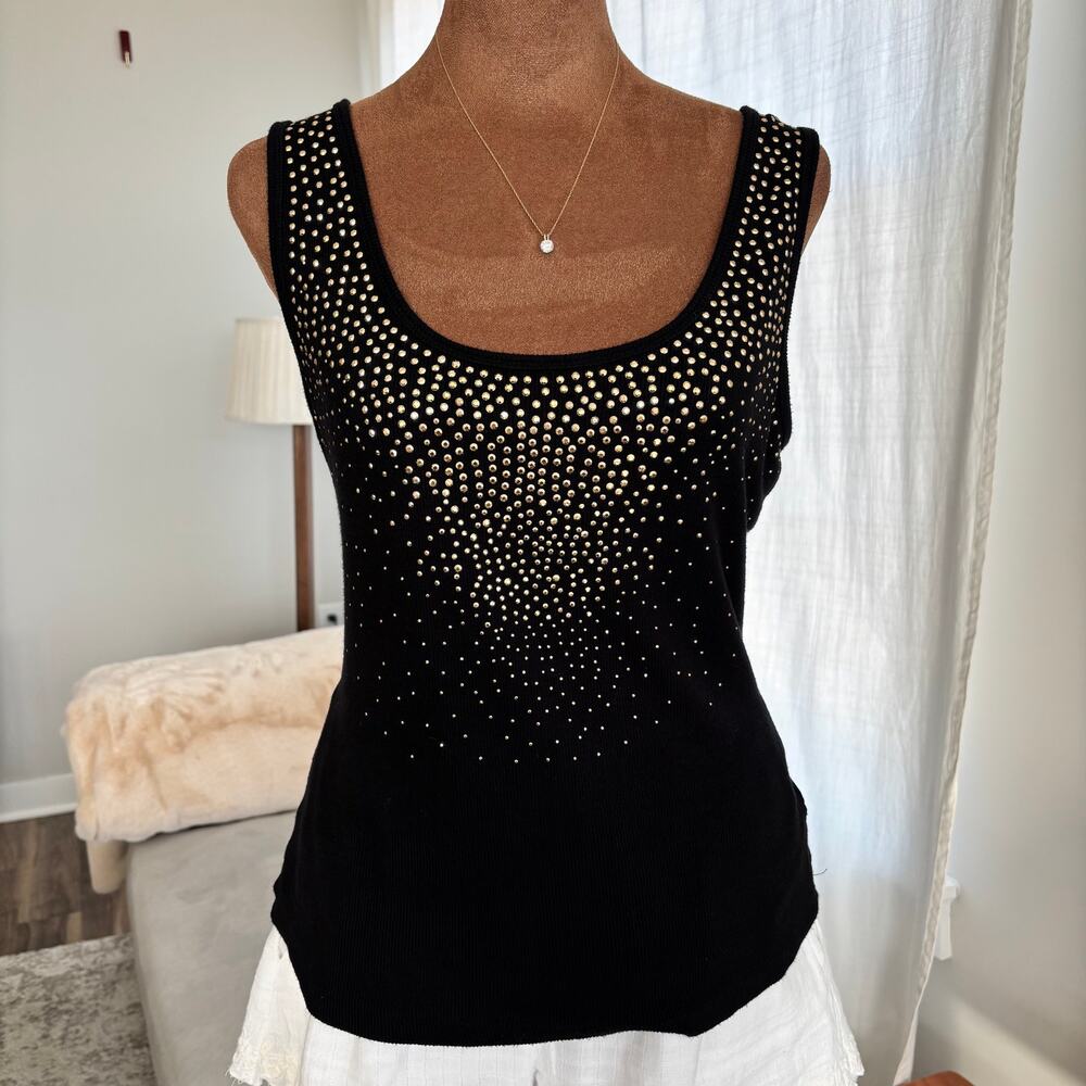 Calvin Klein‎ Gold Stud Rhinestone Embellished Black Ribbed Tank Top Size Medium
